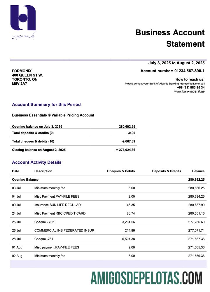 Baixável Persian Bank Saderat Persian Firm modelo de extrato de conta Word e PDF